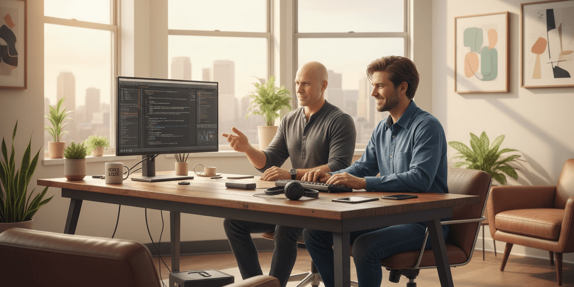 Professional development workspace at Ludulicious B.V. showcasing modern technology setup